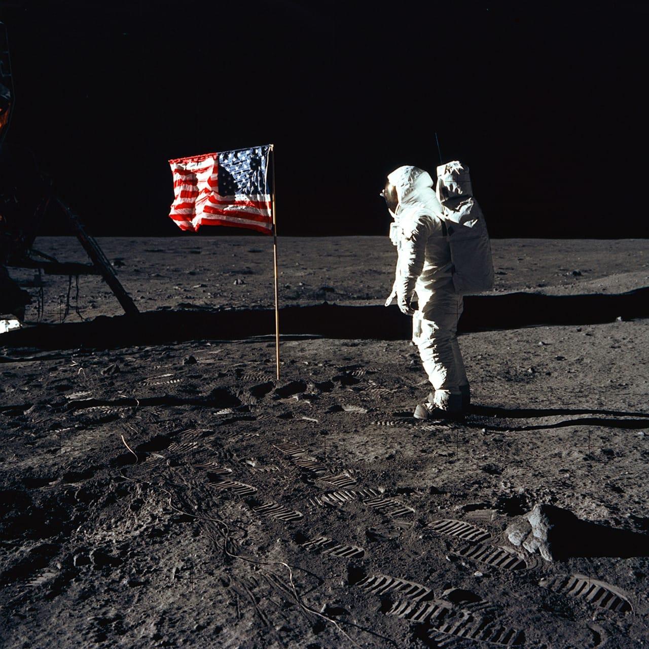 BUZZ ALDRIN AND THE U.S. FLAG ON THE MOON