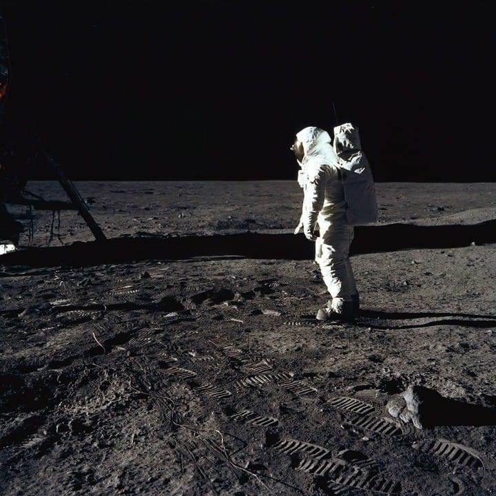 BUZZ ALDRIN AND THE U.S. FLAG ON THE MOON AFTER